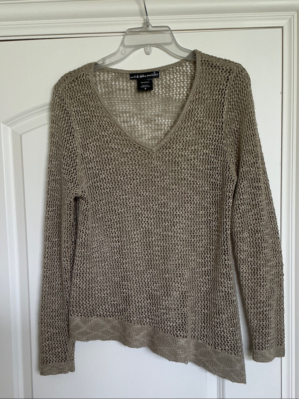 Open-Knit V-Neck Sweater in Taupe